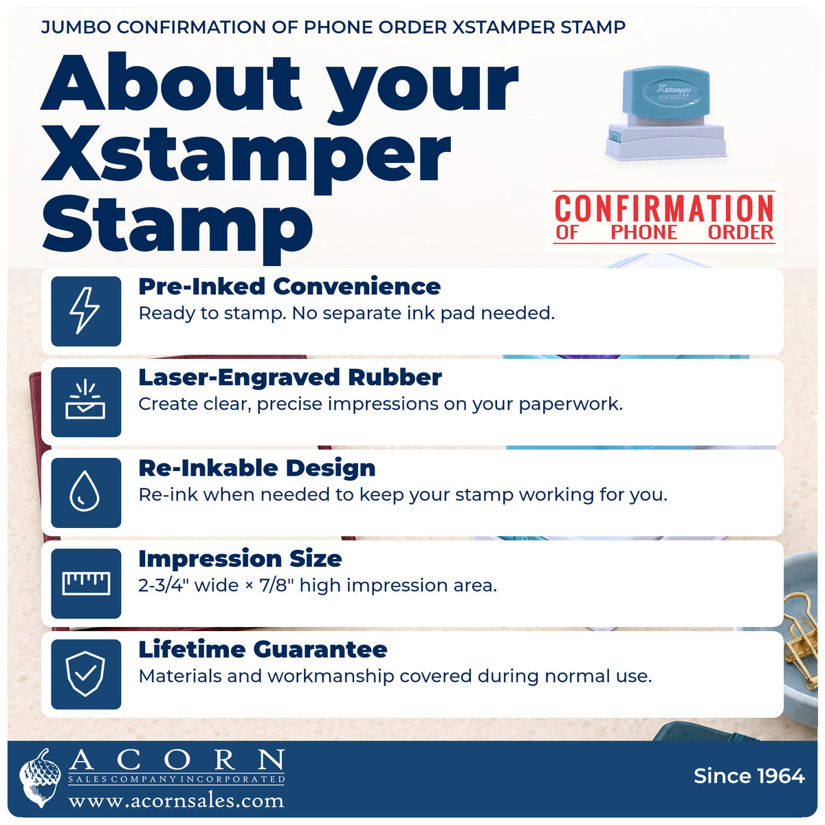 About your Confirmation Of Phone Order Document Stamp – Jumbo Pre-Inked Xstamper: Xstamper 3214 pre-inked stock stamp facts