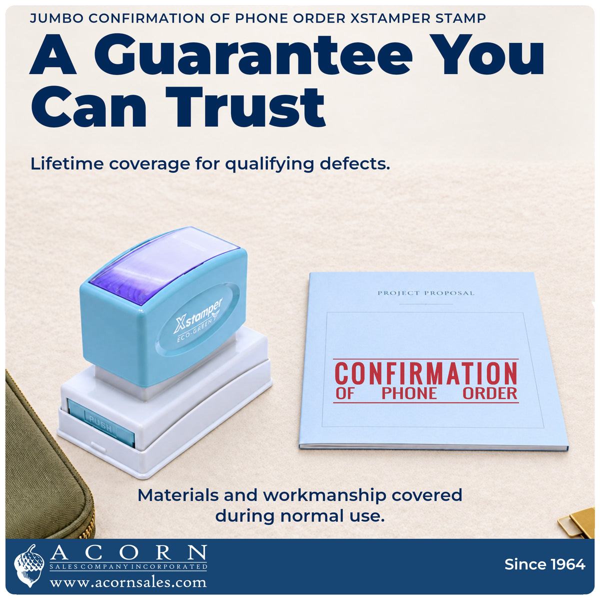 Lifetime guarantee graphic shown with the Confirmation Of Phone Order Document Stamp – Jumbo Pre-Inked Xstamper from Acorn...