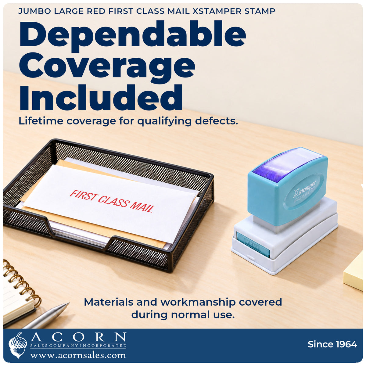 Lifetime guarantee graphic shown with the First Class Mail Document Stamp – Jumbo Red Pre-Inked Xstamper from Acorn Sales