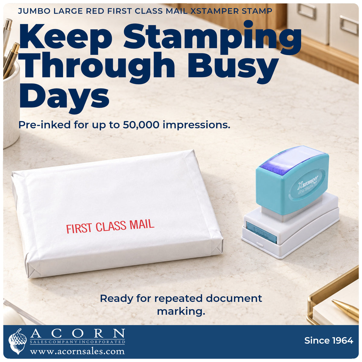 Re-inkable pre-inked build of the First Class Mail Document Stamp – Jumbo Red Pre-Inked Xstamper shown in detail