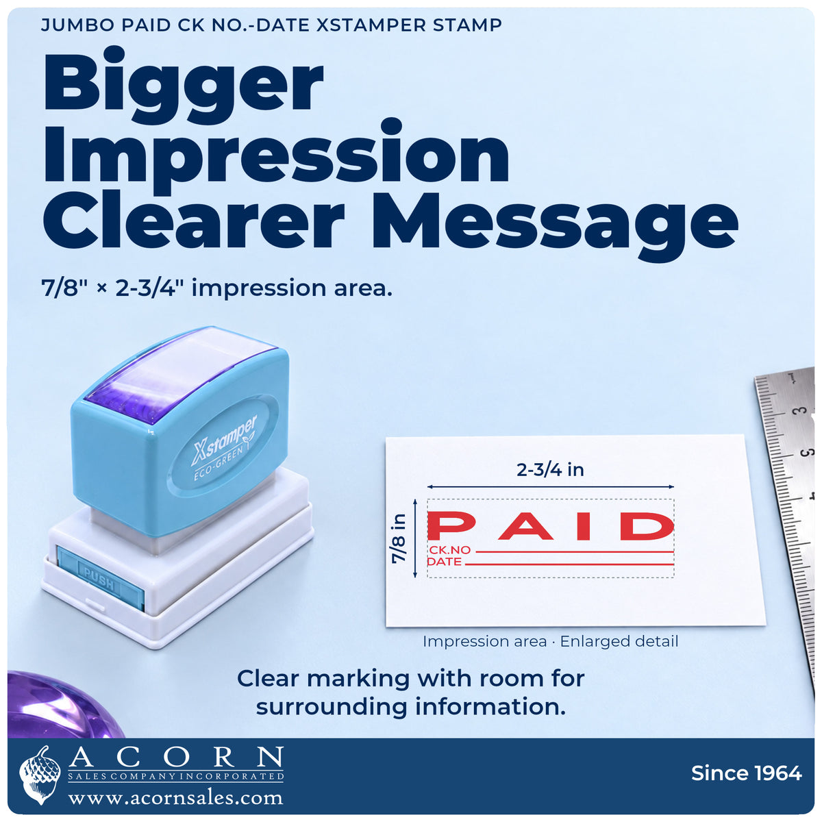 Impression size guide: the "Paid CK No.-Date" imprint measures 2-3/4 x 7/8 in