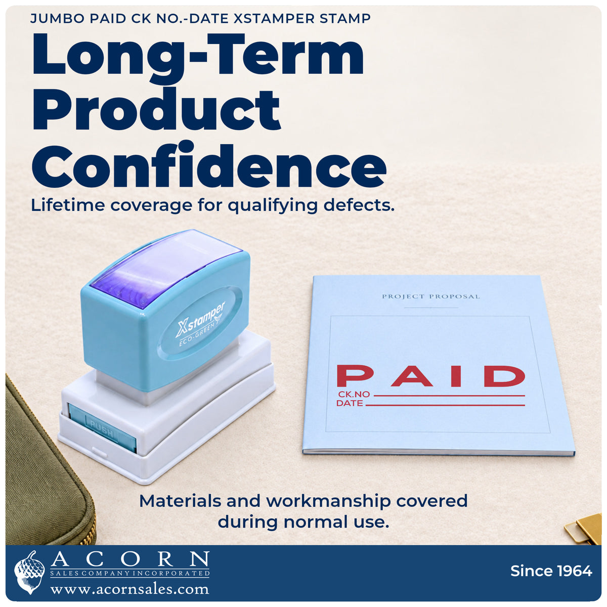 Lifetime guarantee graphic shown with the Paid CK No.-Date Stamp For Record Keeping – Jumbo Pre-Inked Xstamper from Acorn...