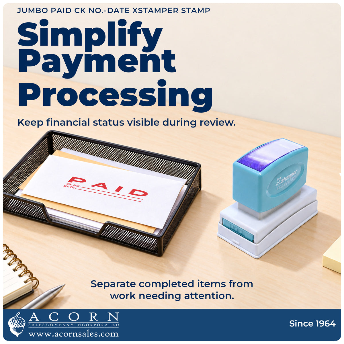 Office workflow showing where the "Paid CK No.-Date" stamp marks documents