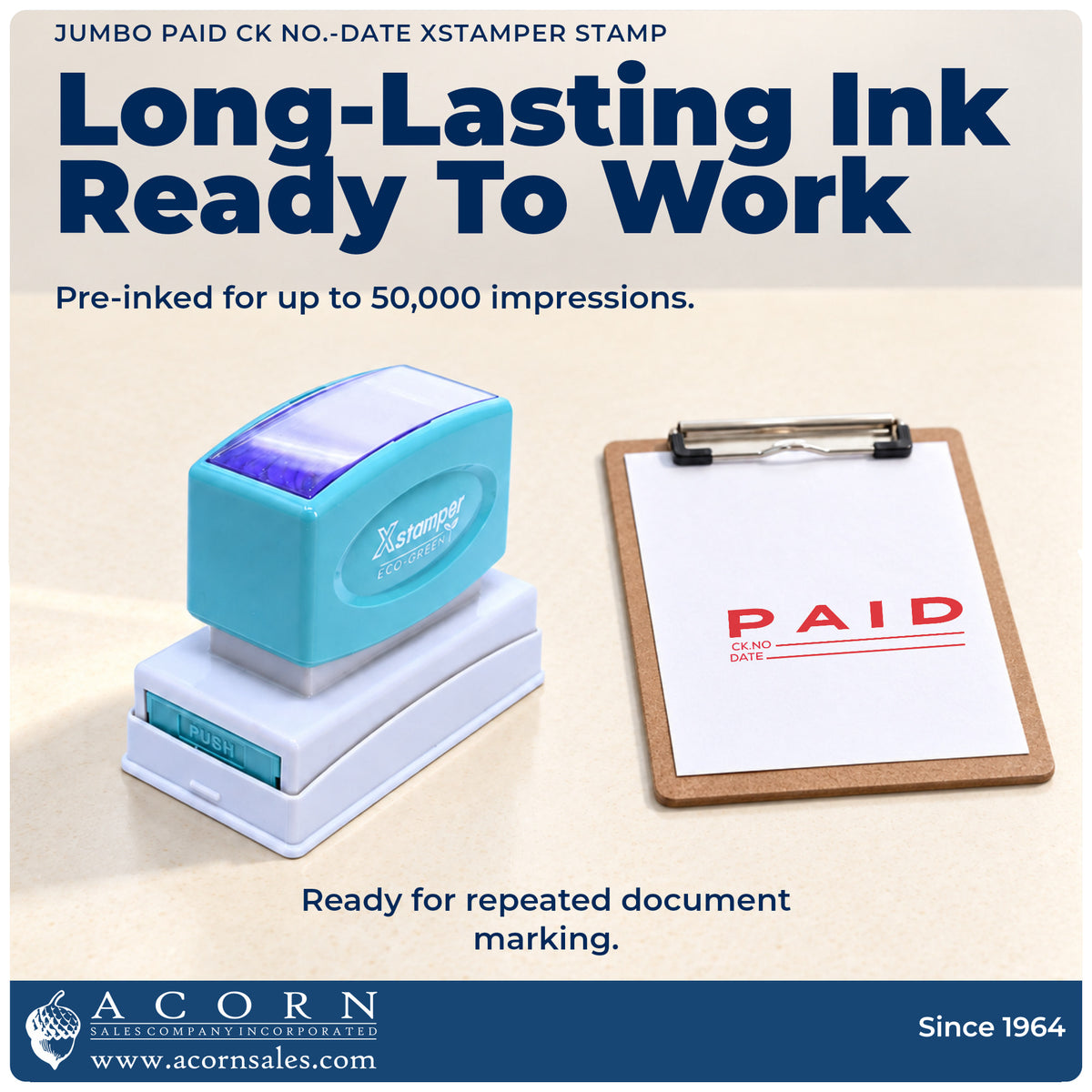 Re-inkable pre-inked build of the Paid CK No.-Date Stamp For Record Keeping – Jumbo Pre-Inked Xstamper shown in detail