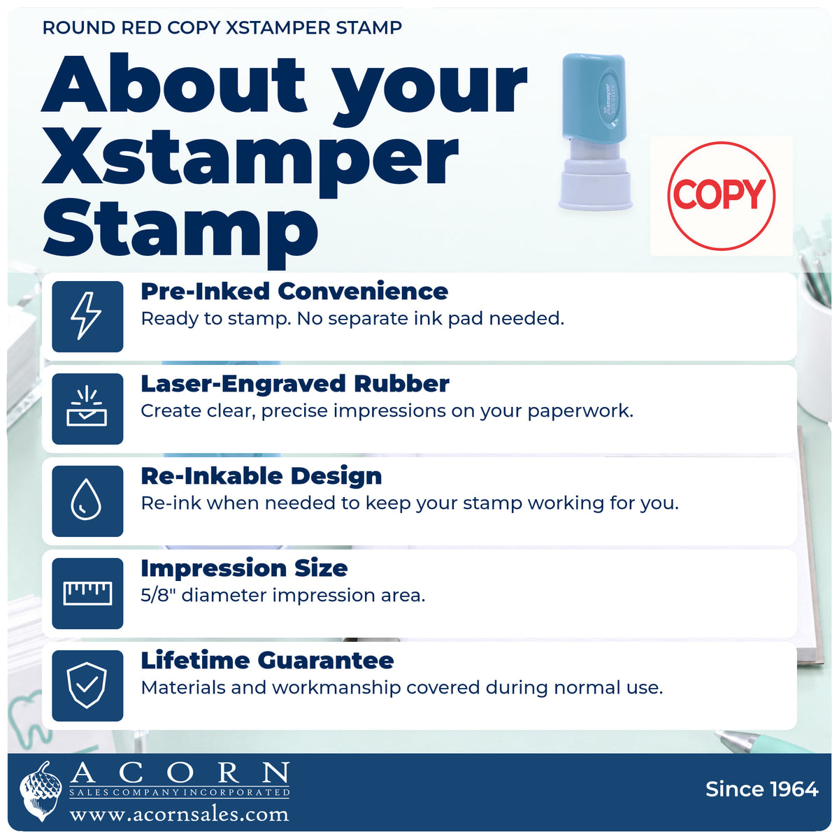 About your Copy Stamp – Round Red Pre-Inked Xstamper: Xstamper 11407 pre-inked stock stamp facts