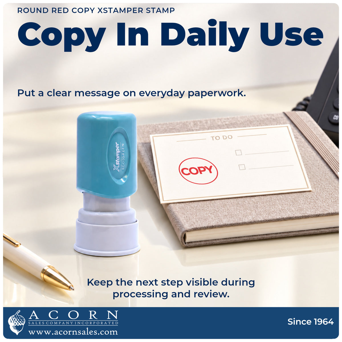Copy Stamp – Round Red Pre-Inked Xstamper being pressed to leave an imprint reading "Copy"