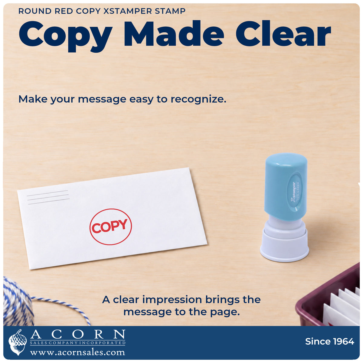 "Copy" imprint on office paperwork beside the Copy Stamp – Round Red Pre-Inked Xstamper