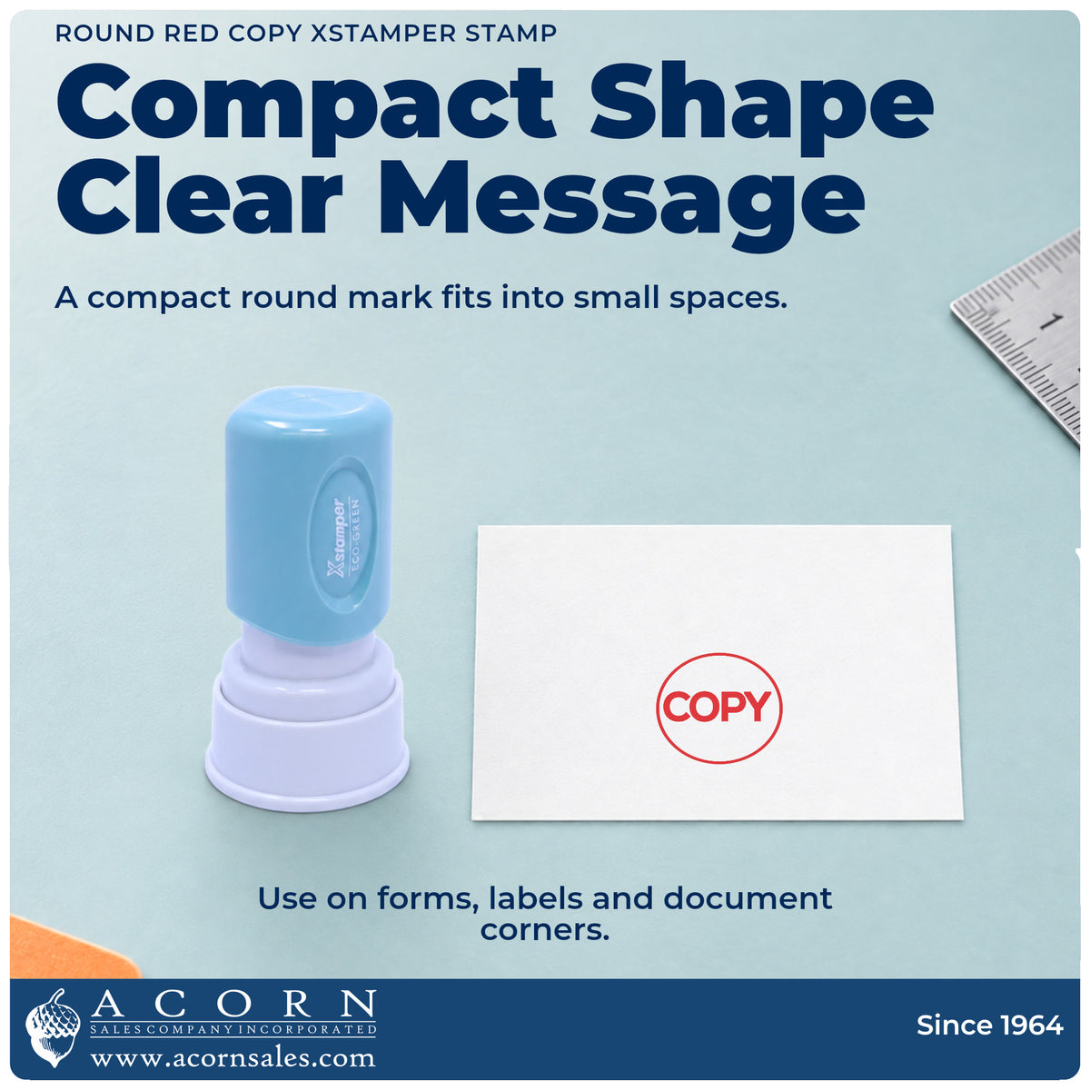 Features of the Copy Stamp – Round Red Pre-Inked Xstamper: pre-inked Xstamper 11407, 5/8 in diameter imprint