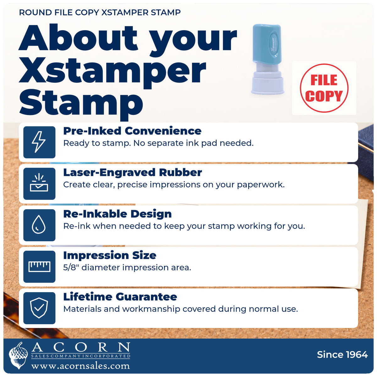 About your Round File Copy Stamp: Xstamper 11411 pre-inked stock stamp facts