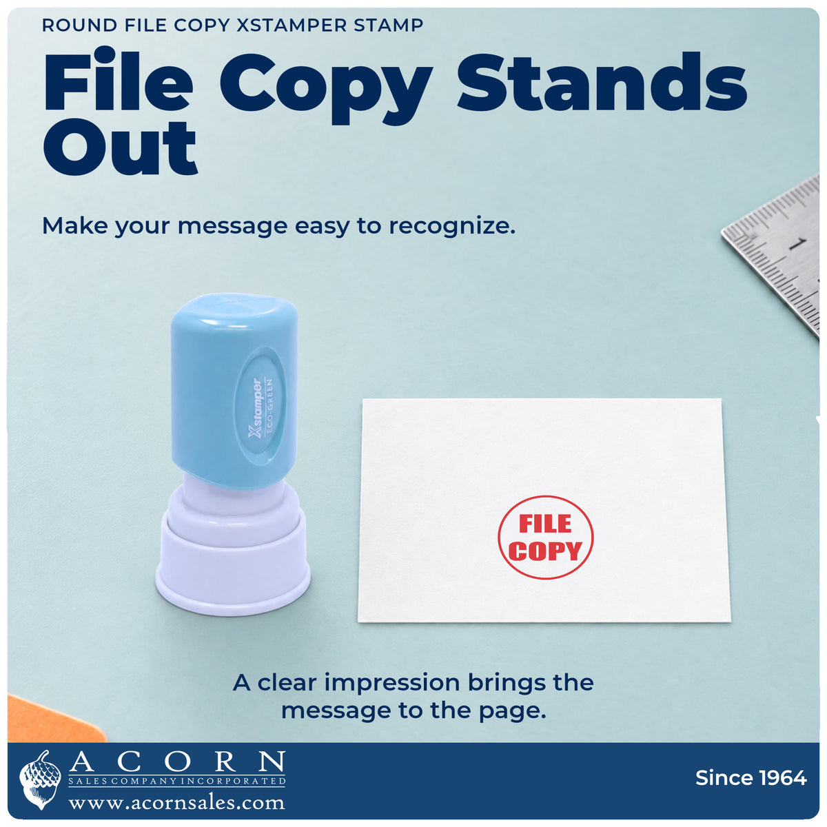 "File copy" imprint on office paperwork beside the Round File Copy Stamp