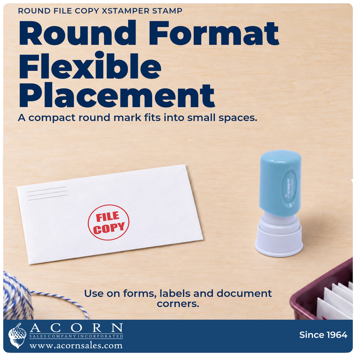 Features of the Round File Copy Stamp: pre-inked Xstamper 11411, 5/8 in diameter imprint