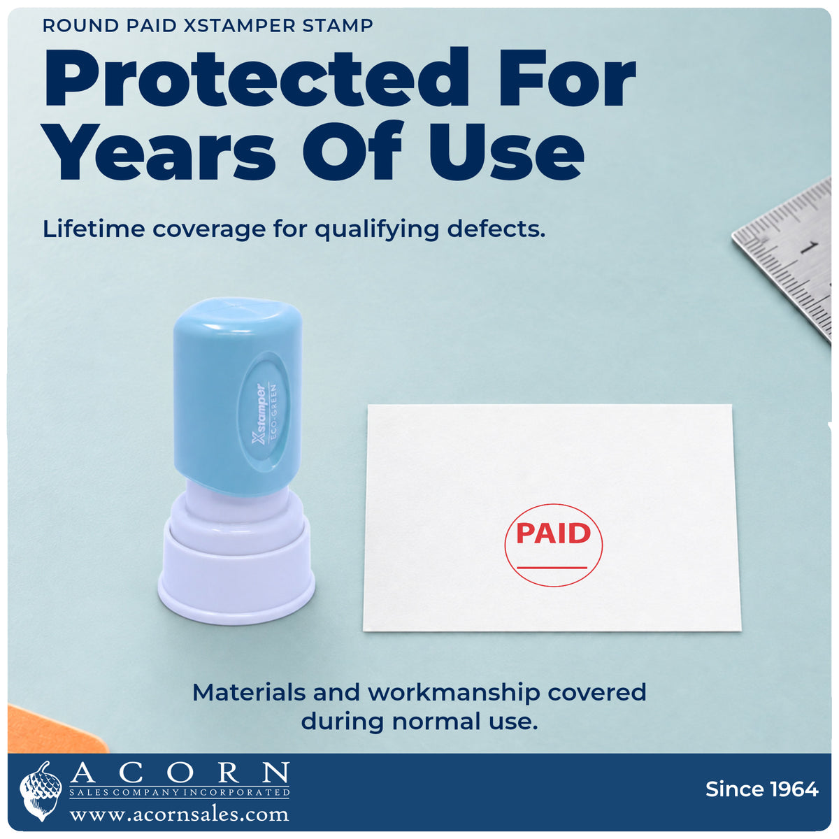 Lifetime guarantee graphic shown with the Paid Stamp For Invoices – Round Pre-Inked Xstamper from Acorn Sales