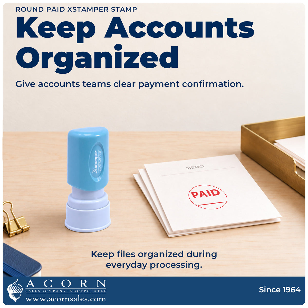 Office workflow showing where the "Paid" stamp marks documents