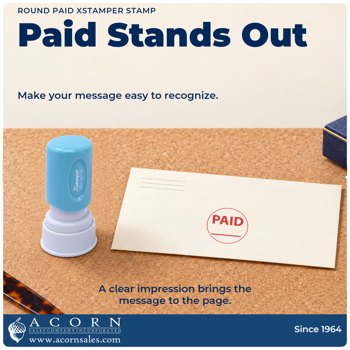 "Paid" imprint on office paperwork beside the Paid Stamp For Invoices – Round Pre-Inked Xstamper