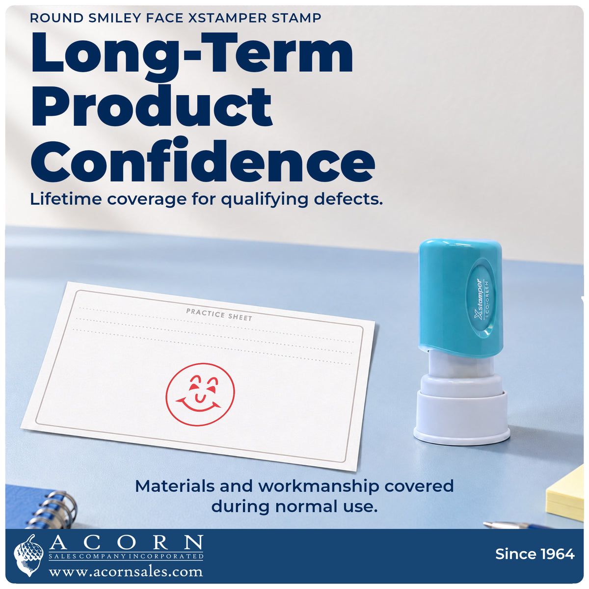 Lifetime guarantee graphic shown with the Round Red Smiley Face Teacher Stamp from Acorn Sales