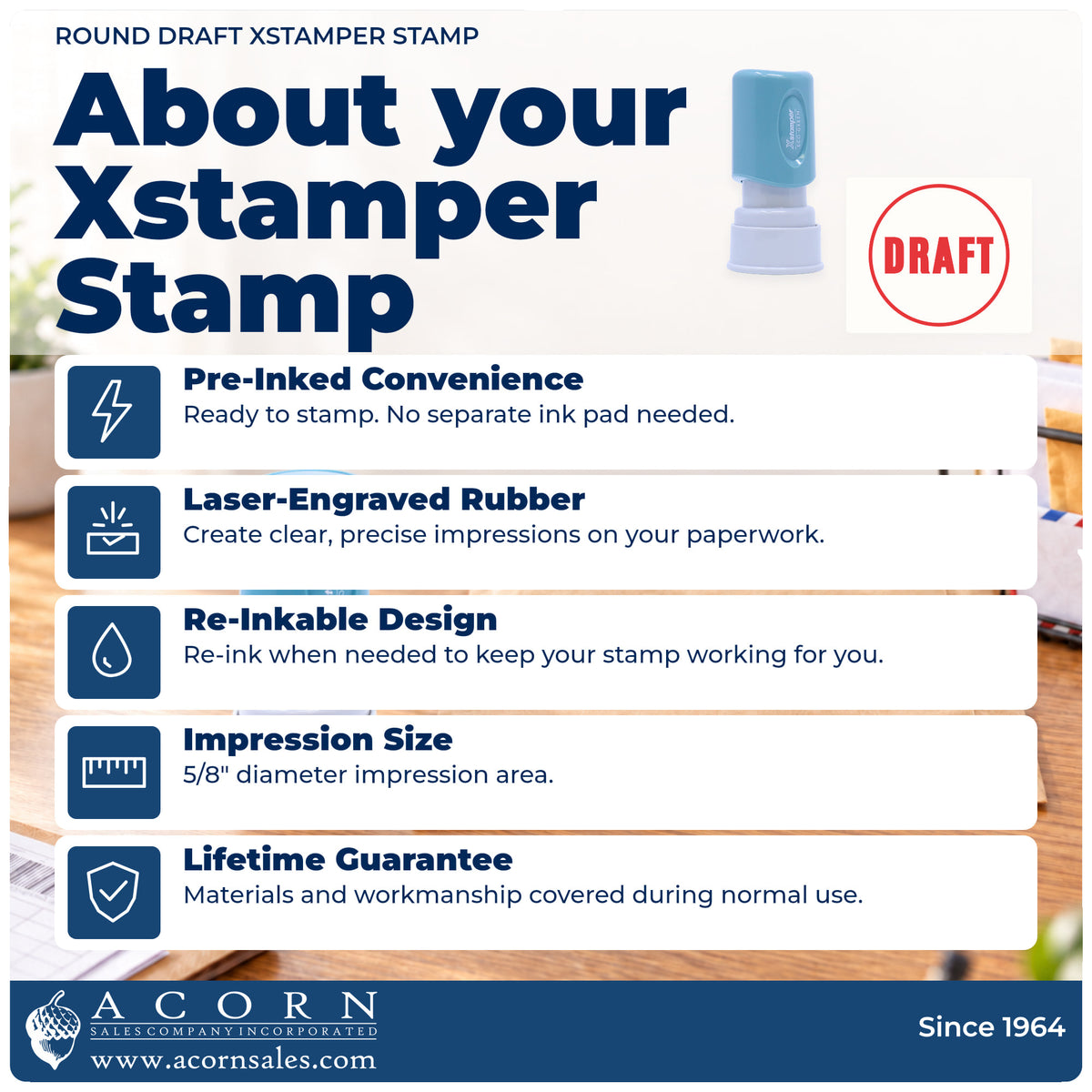 About your Round Draft Stamp: Xstamper 11408 pre-inked stock stamp facts