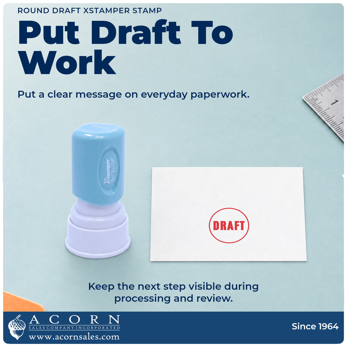 Round Draft Stamp being pressed to leave an imprint reading "Draft"