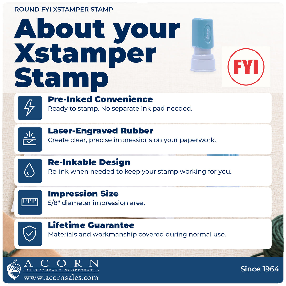 About your FYI Office Stamp – Round Pre-Inked Xstamper: Xstamper 11413 pre-inked stock stamp facts