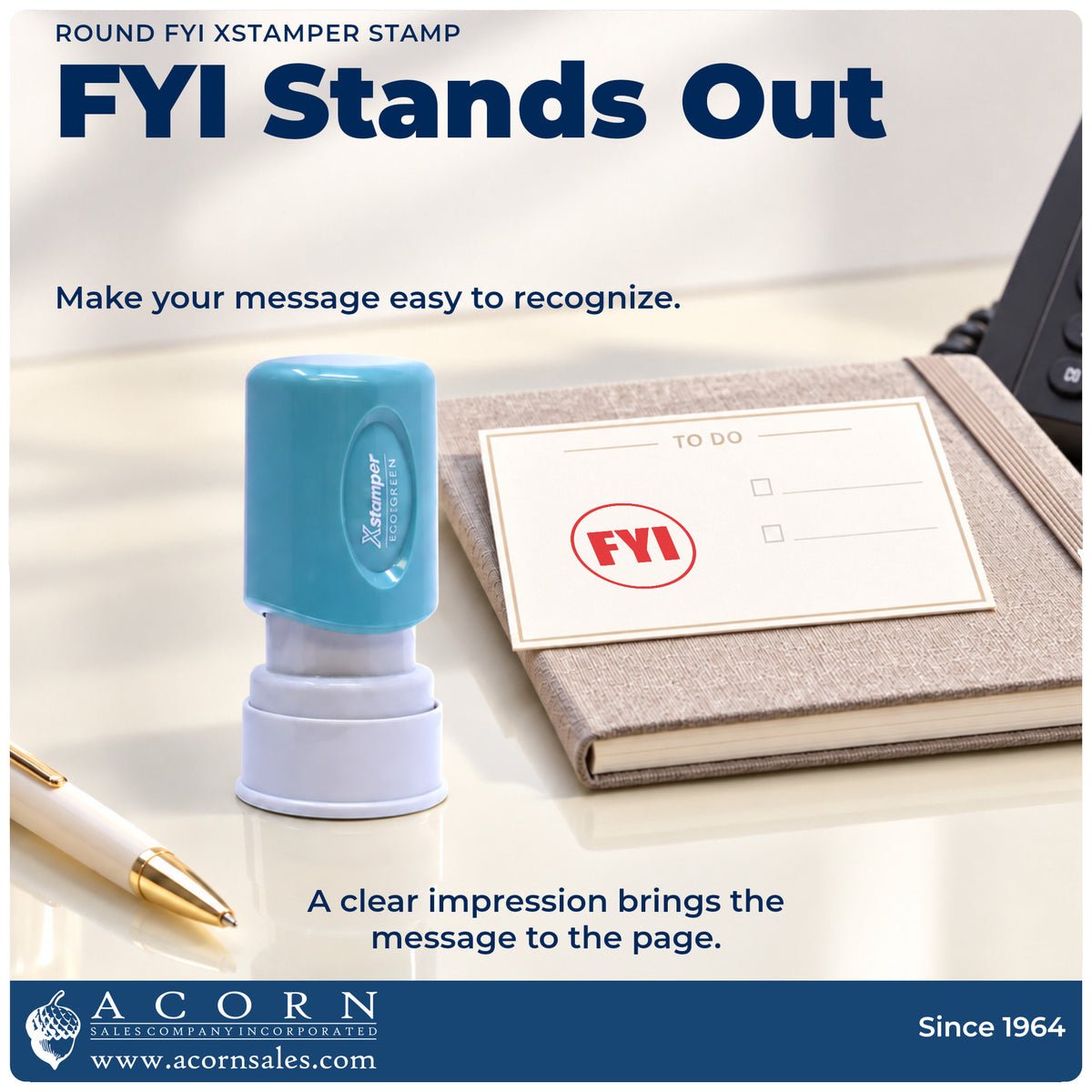 "FYI" imprint on office paperwork beside the FYI Office Stamp – Round Pre-Inked Xstamper