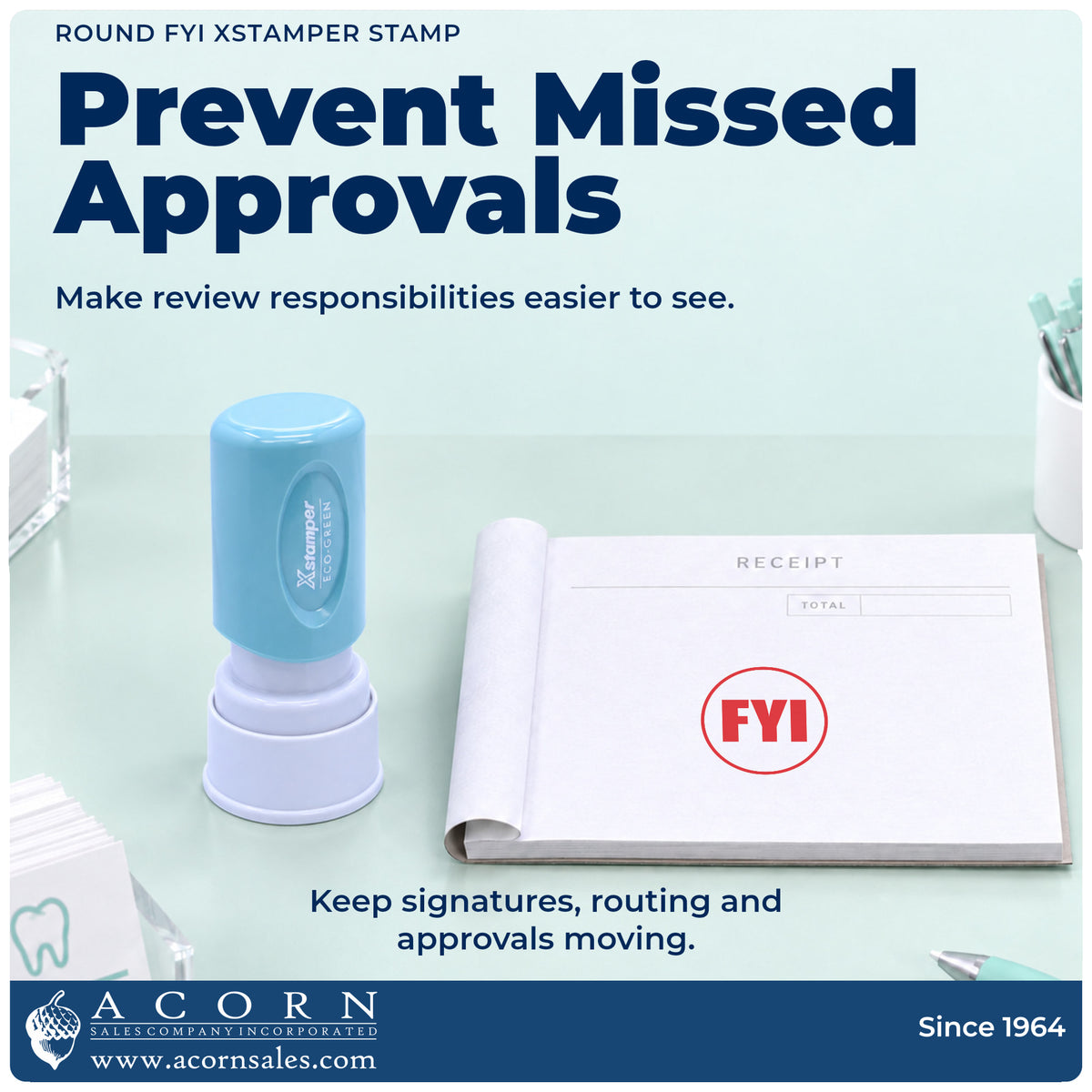 Office workflow showing where the "FYI" stamp marks documents