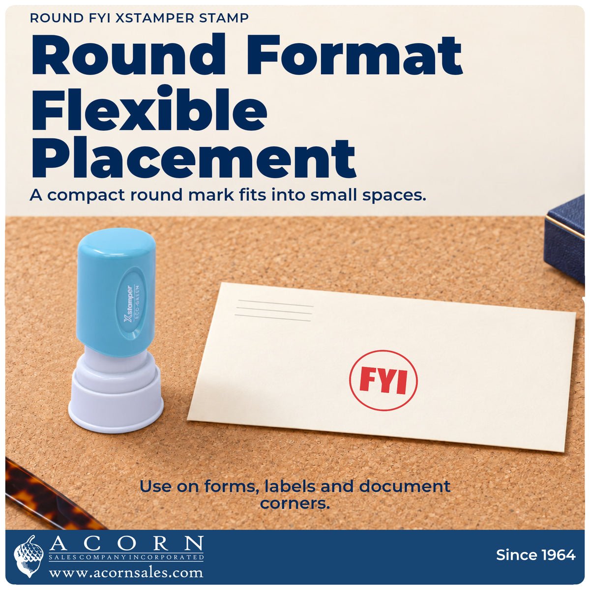 Features of the FYI Office Stamp – Round Pre-Inked Xstamper: pre-inked Xstamper 11413, 5/8 in diameter imprint