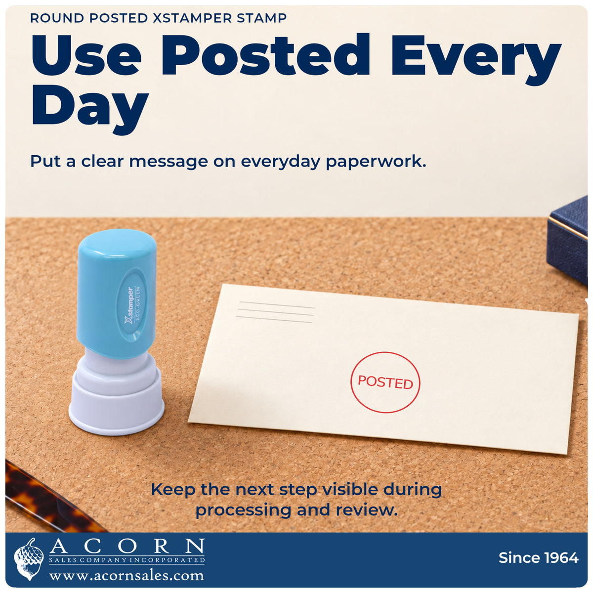 Xstamper Posted Office Stamp – Round Pre-Inked being pressed to leave an imprint reading "Posted"