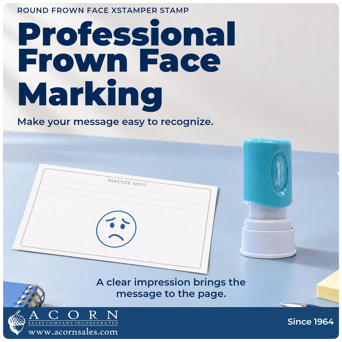 "Frown face" imprint on office paperwork beside the Round Frown Face Stamp