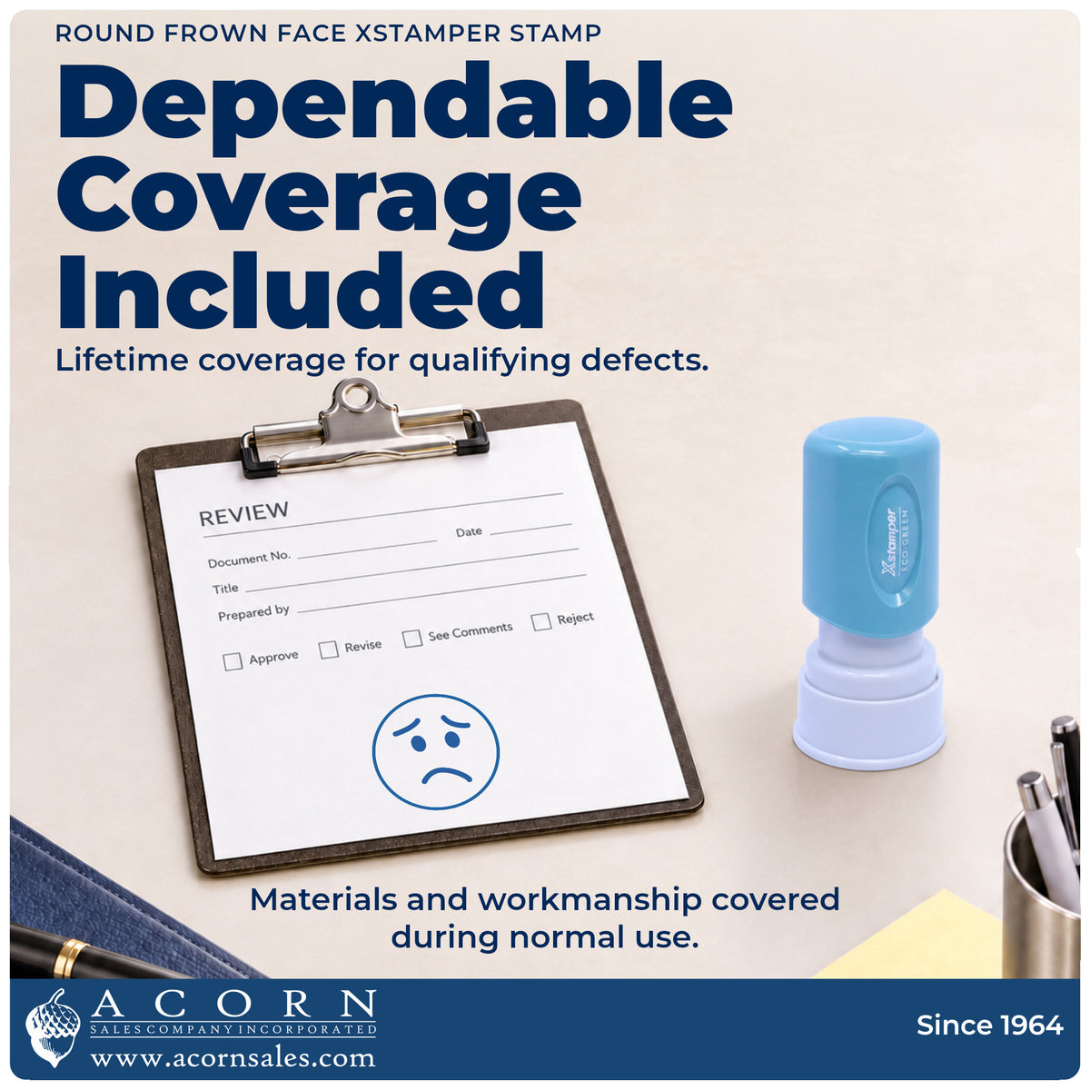 Lifetime guarantee graphic shown with the Round Frown Face Stamp from Acorn Sales