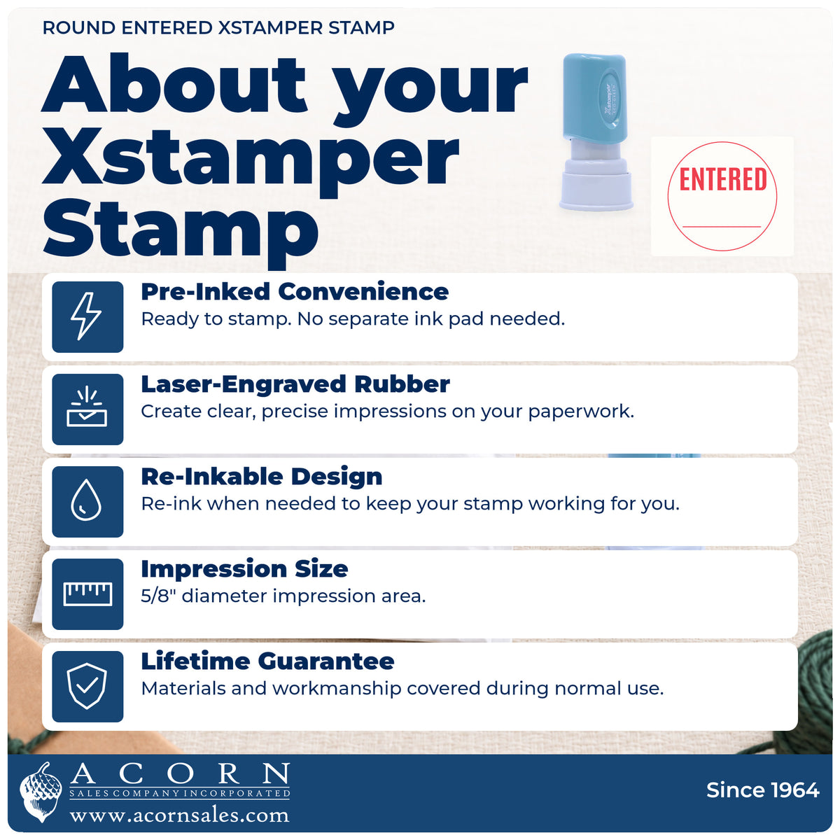 About your Entered Stamp For Data Entry Records – Round Pre-Inked Xstamper: Xstamper 11418 pre-inked stock stamp facts