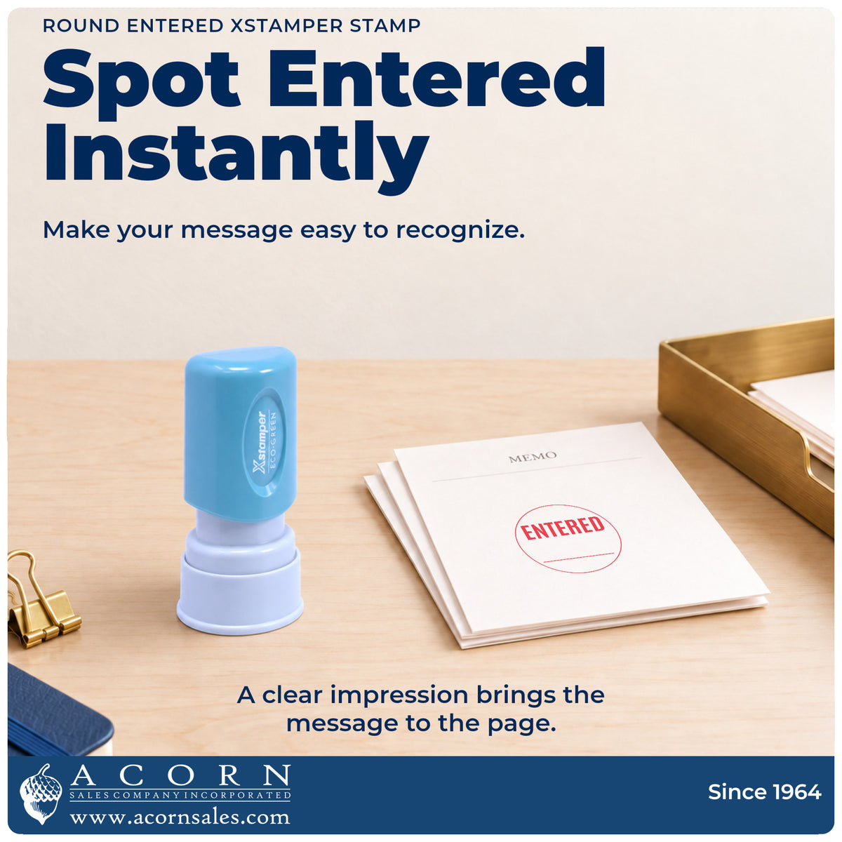 "Entered" imprint on office paperwork beside the Entered Stamp For Data Entry Records – Round Pre-Inked Xstamper