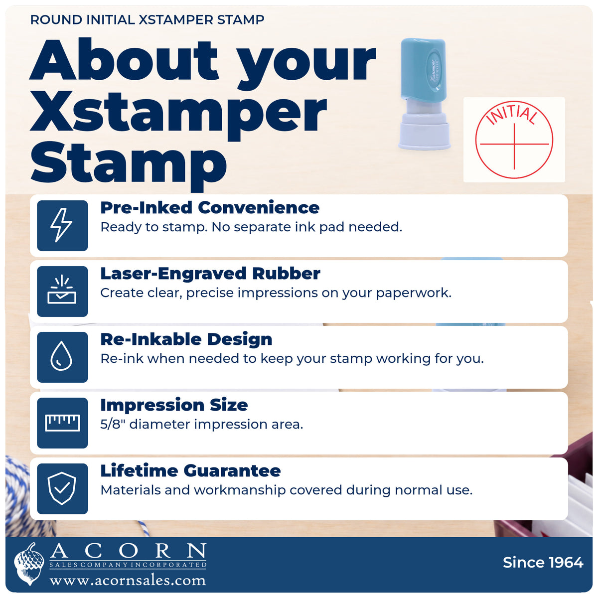 About your Round Initial Instruction Stamp: Xstamper 11414 pre-inked stock stamp facts