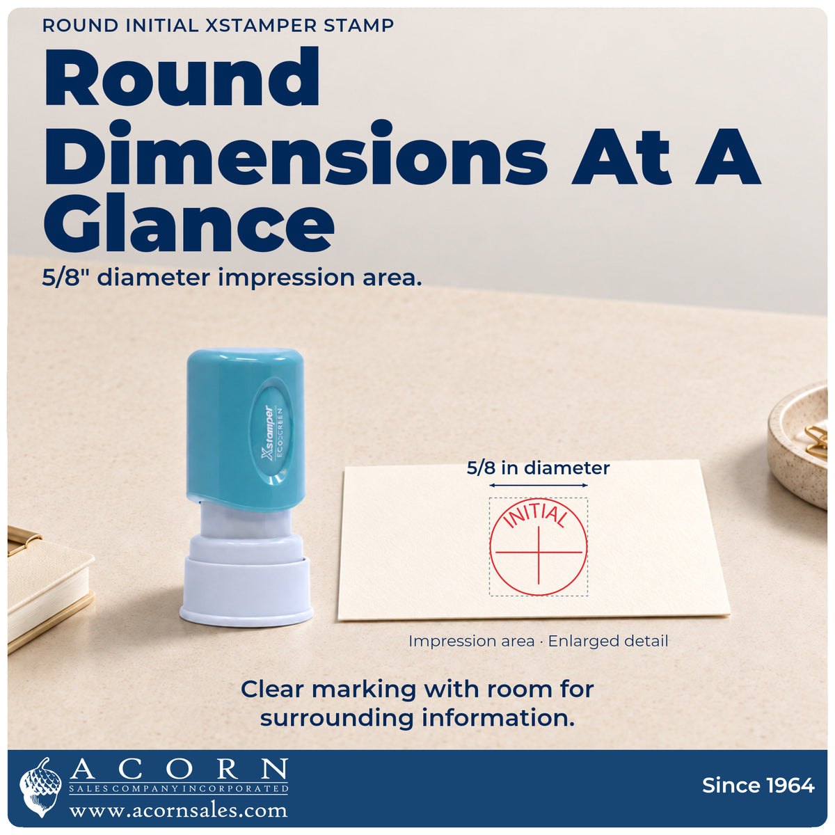 Impression size guide: the "Initial" imprint measures 5/8 in diameter