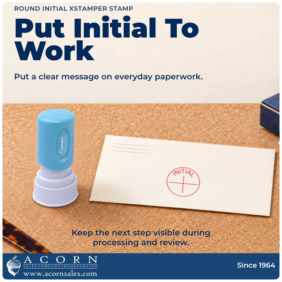 Round Initial Instruction Stamp being pressed to leave an imprint reading "Initial"