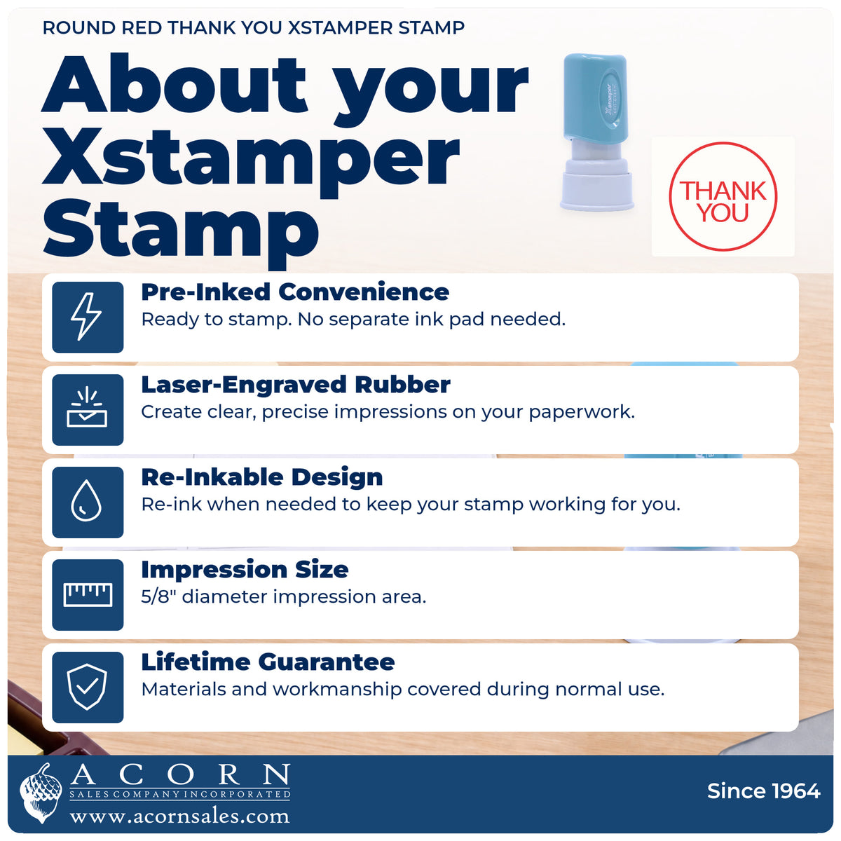 About your Xstamper Thank You Appreciation Stamp – Round Red Pre-Inked: Xstamper 11359 pre-inked stock stamp facts