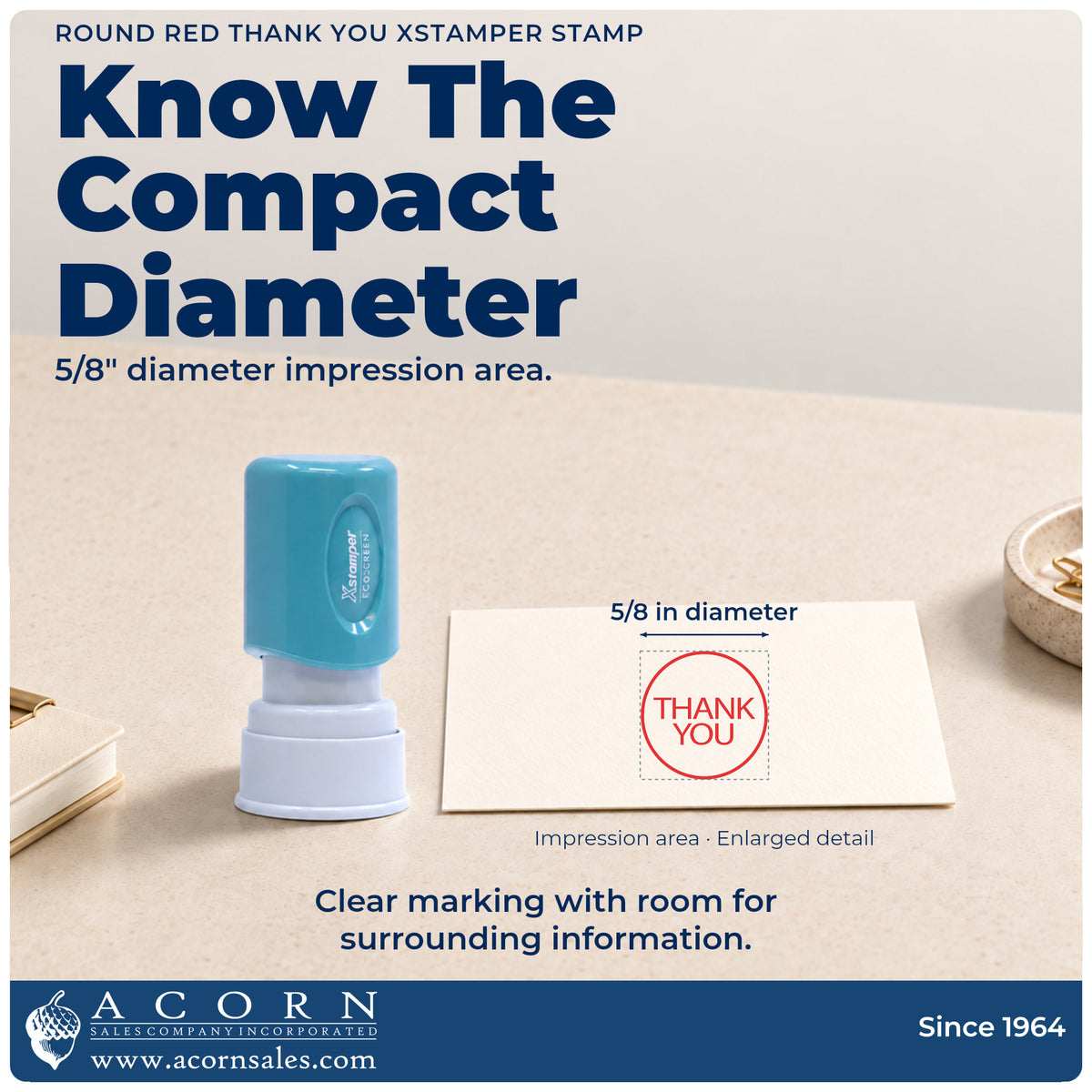 Impression size guide: the "Thank you" imprint measures 5/8 in diameter