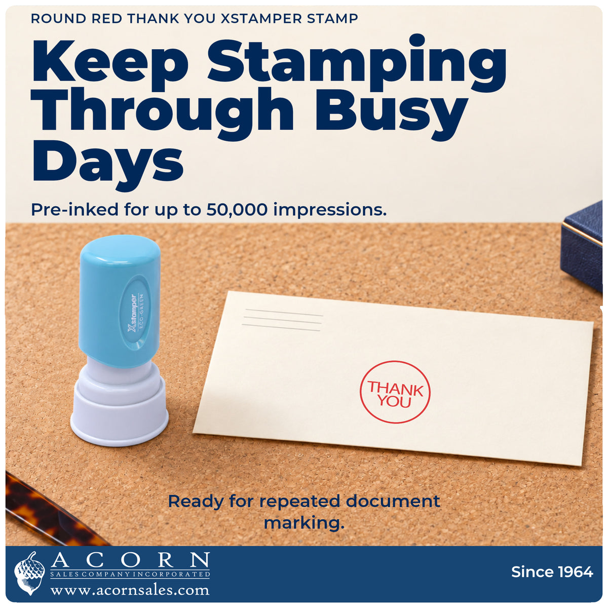 Re-inkable pre-inked build of the Xstamper Thank You Appreciation Stamp – Round Red Pre-Inked shown in detail