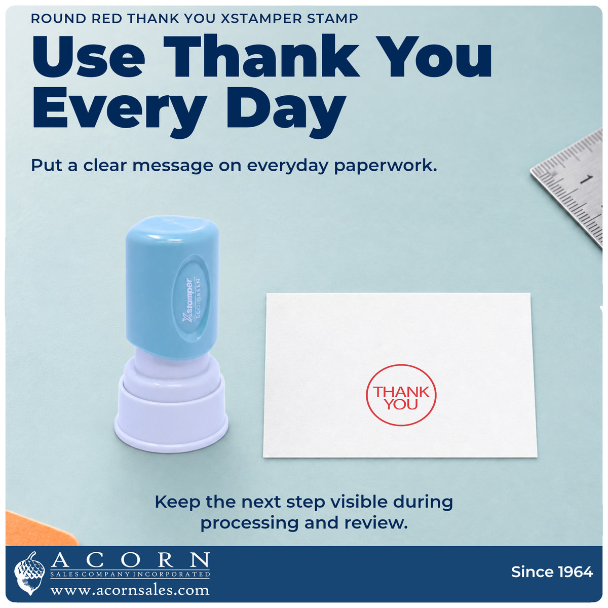 Xstamper Thank You Appreciation Stamp – Round Red Pre-Inked being pressed to leave an imprint reading "Thank you"