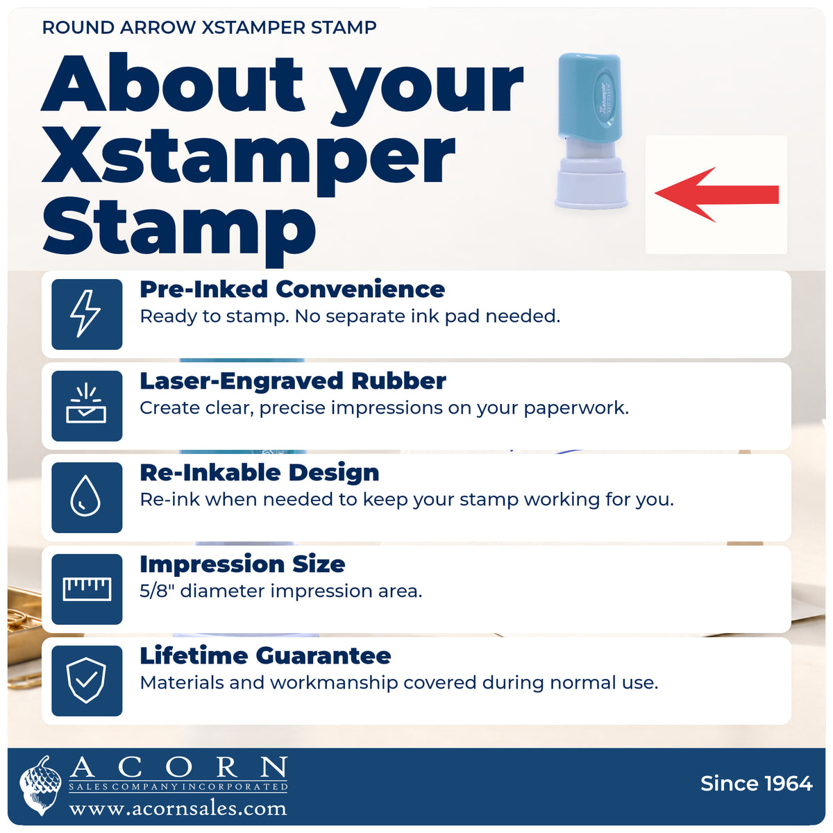 About your Arrow Stamp For Schoolwork – Round Pre-Inked Xstamper: Xstamper 11364 pre-inked stock stamp facts
