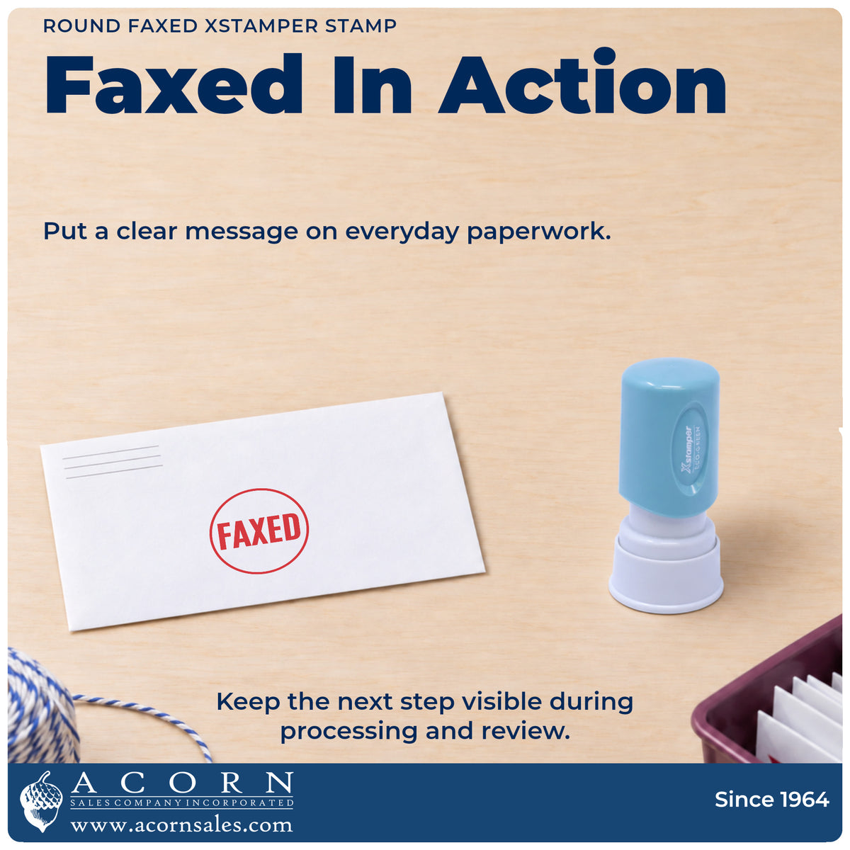 Xstamper Faxed Record Stamp – Round Pre-Inked being pressed to leave an imprint reading "Faxed"