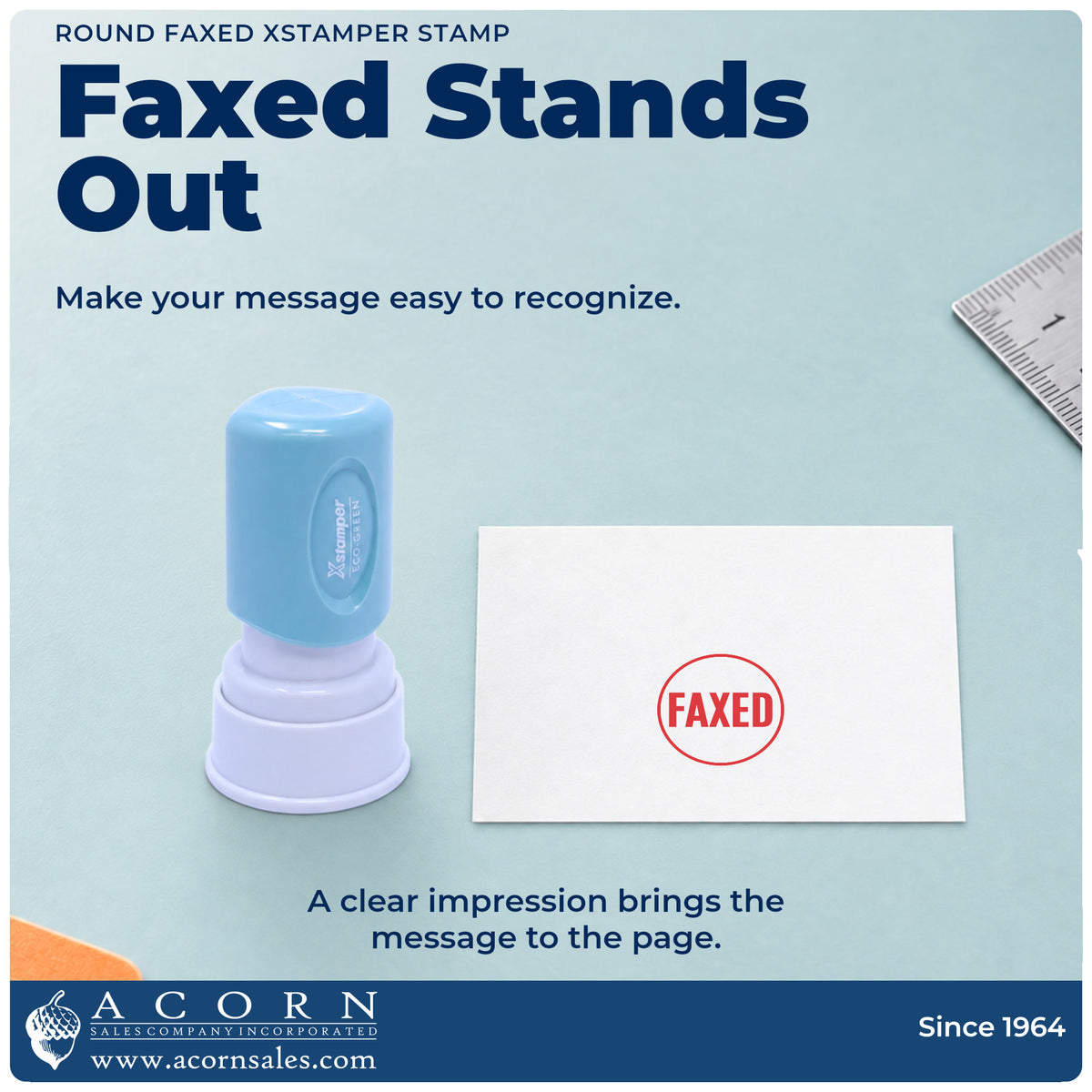 "Faxed" imprint on office paperwork beside the Xstamper Faxed Record Stamp – Round Pre-Inked