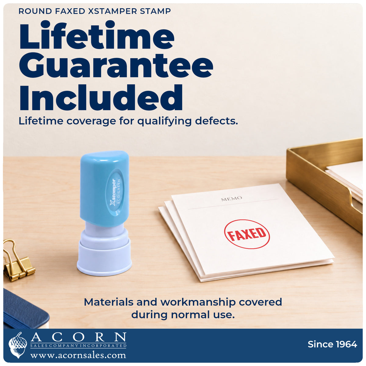 Lifetime guarantee graphic shown with the Xstamper Faxed Record Stamp – Round Pre-Inked from Acorn Sales