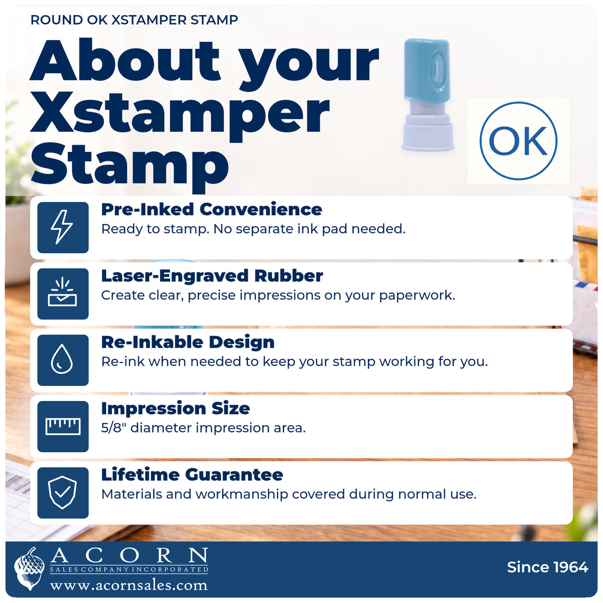 About your OK Approval Stamp – Round Pre-Inked Xstamper: Xstamper 11357 pre-inked stock stamp facts