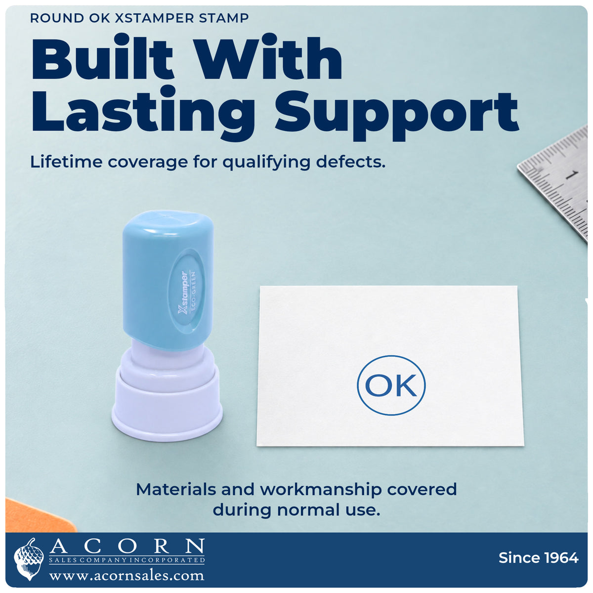 Lifetime guarantee graphic shown with the OK Approval Stamp – Round Pre-Inked Xstamper from Acorn Sales