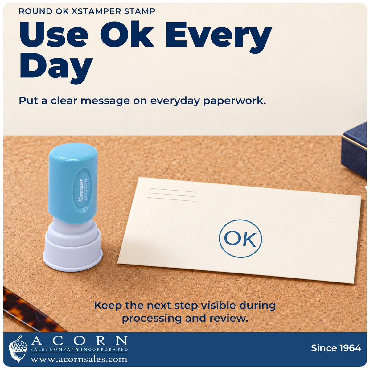 OK Approval Stamp – Round Pre-Inked Xstamper being pressed to leave an imprint reading "OK"