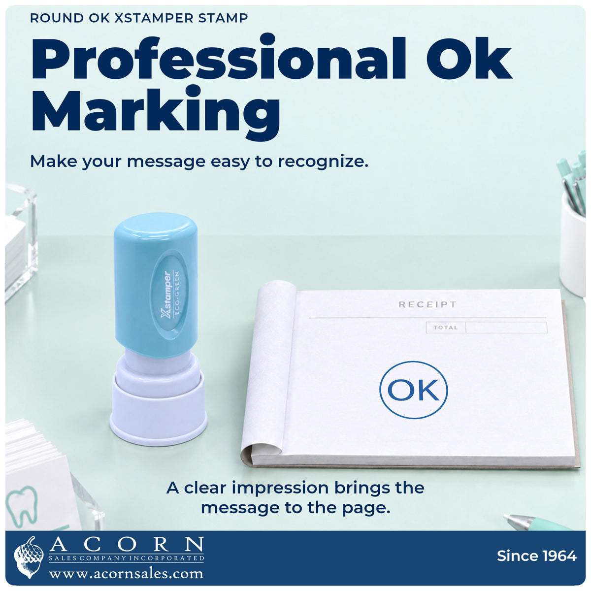 "OK" imprint on office paperwork beside the OK Approval Stamp – Round Pre-Inked Xstamper