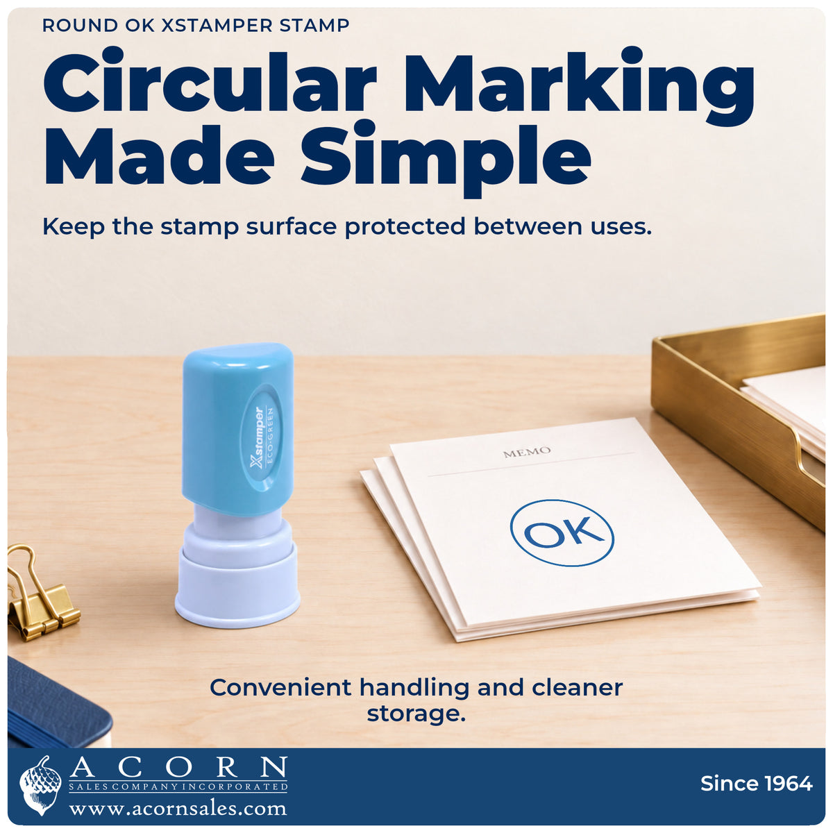 Features of the OK Approval Stamp – Round Pre-Inked Xstamper: pre-inked Xstamper 11357, 5/8 in diameter imprint