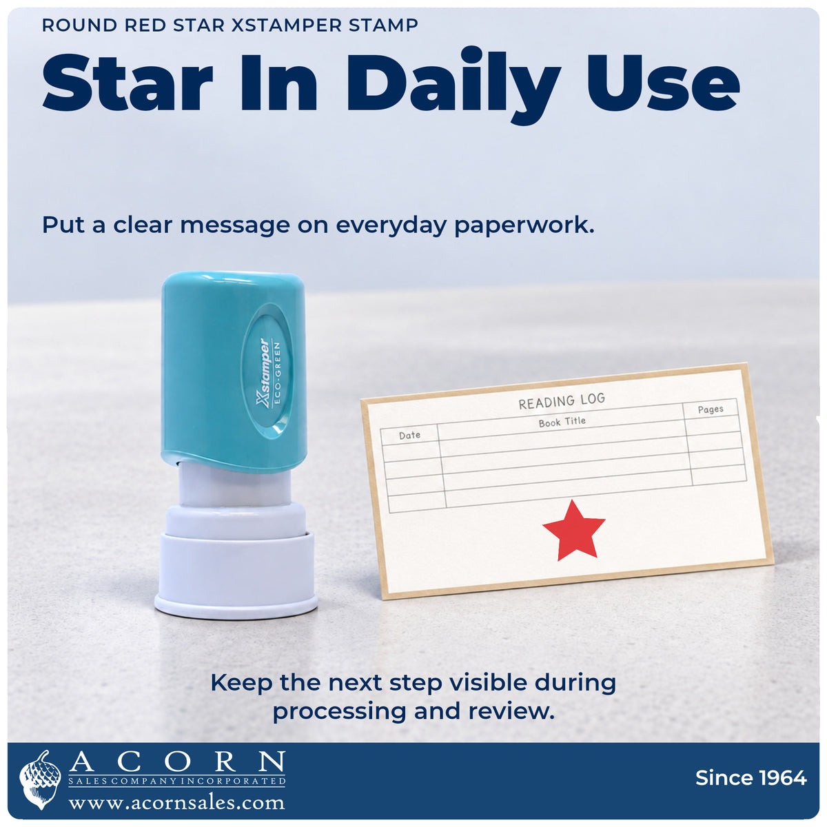 Star Stamp – Round Red Pre-Inked Xstamper being pressed to leave an imprint reading "Star"