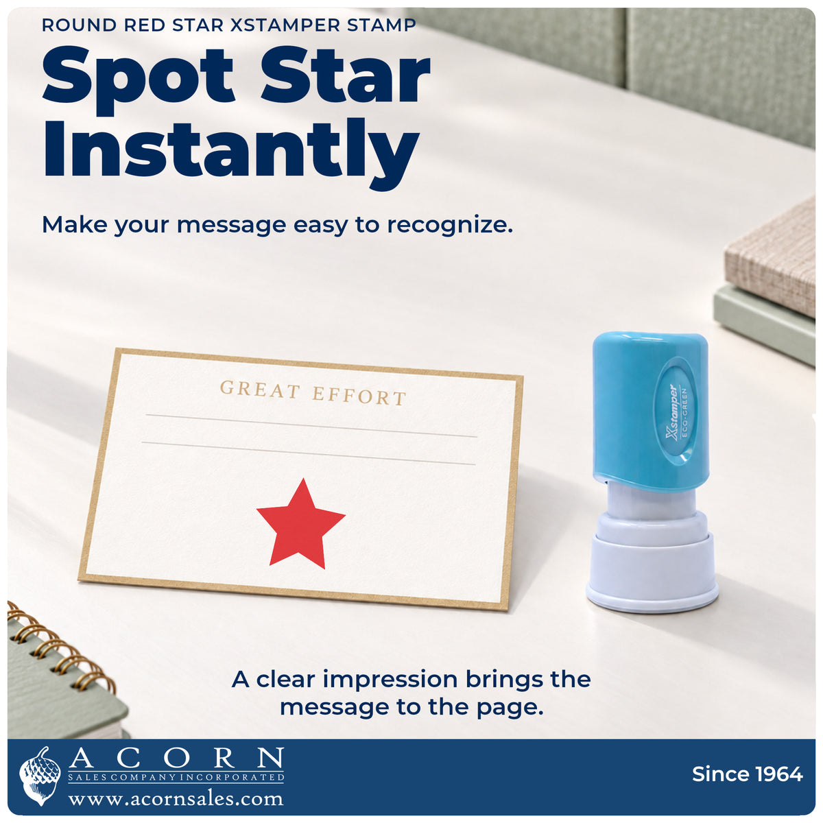 "Star" imprint on office paperwork beside the Star Stamp – Round Red Pre-Inked Xstamper