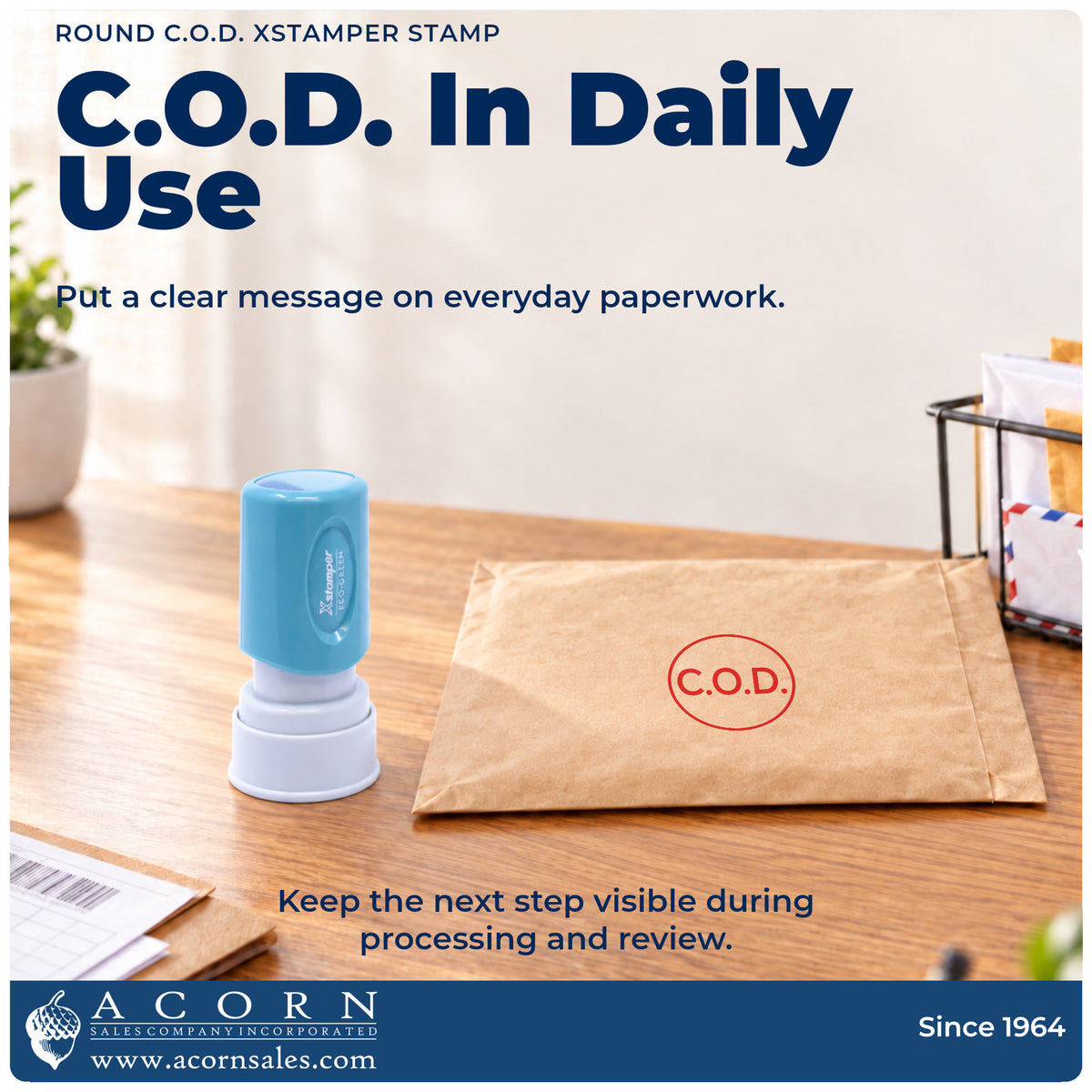 Round C.O.D. Delivery Stamp being pressed to leave an imprint reading "C.O.D."