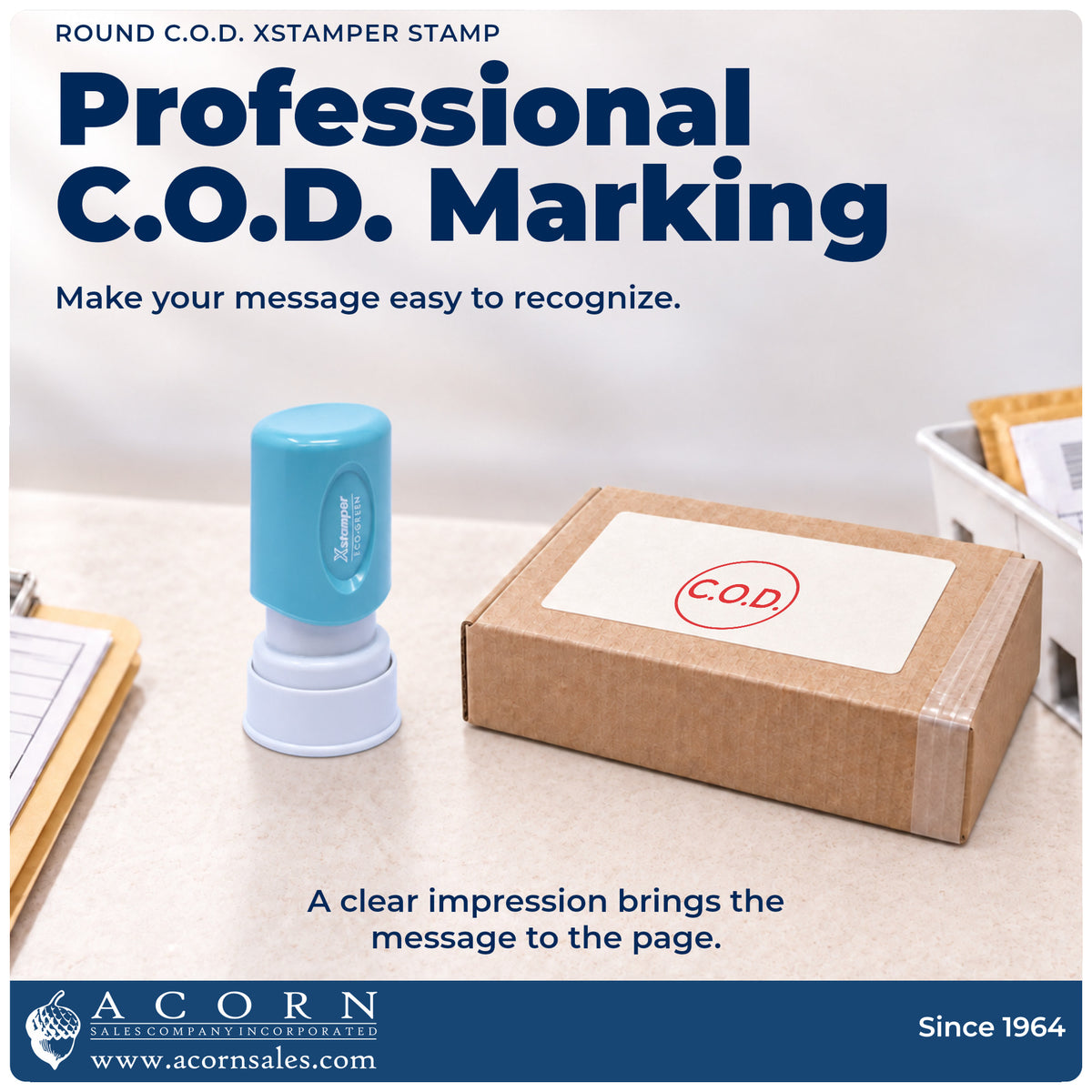 "C.O.D." imprint on office paperwork beside the Round C.O.D. Delivery Stamp